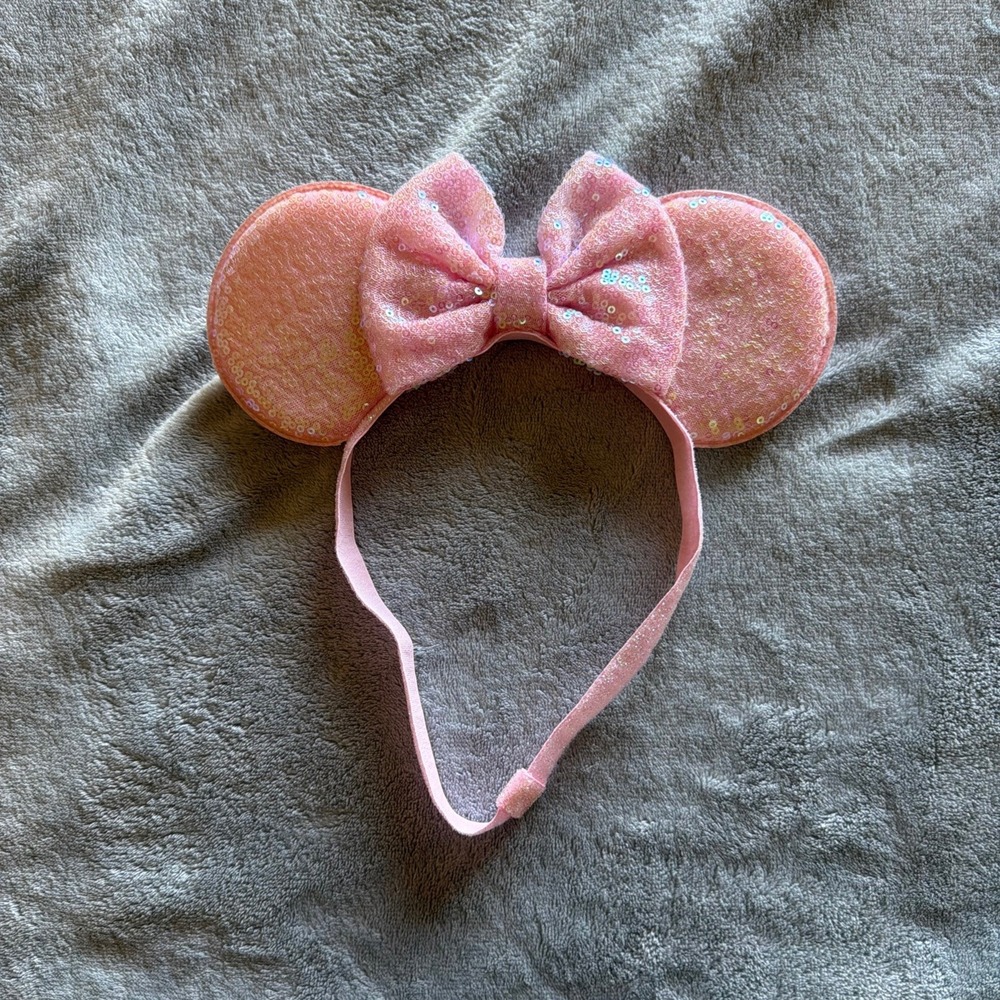 Pink Iridescent Sequin Mouse Ears Headband Matching Bow Disney Parks - J003